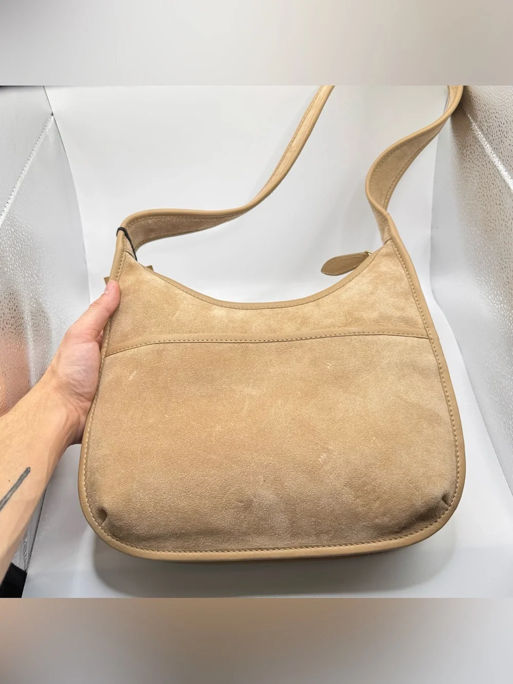Margot New York Curved Zip Hobo Bag Beige Suede NEW